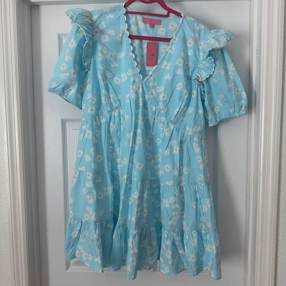🌼 Simply Southern Blue Floral Print Dress - NWOT - 100% Cotton - Ruffle Sleeves - Picture 3 of 7
